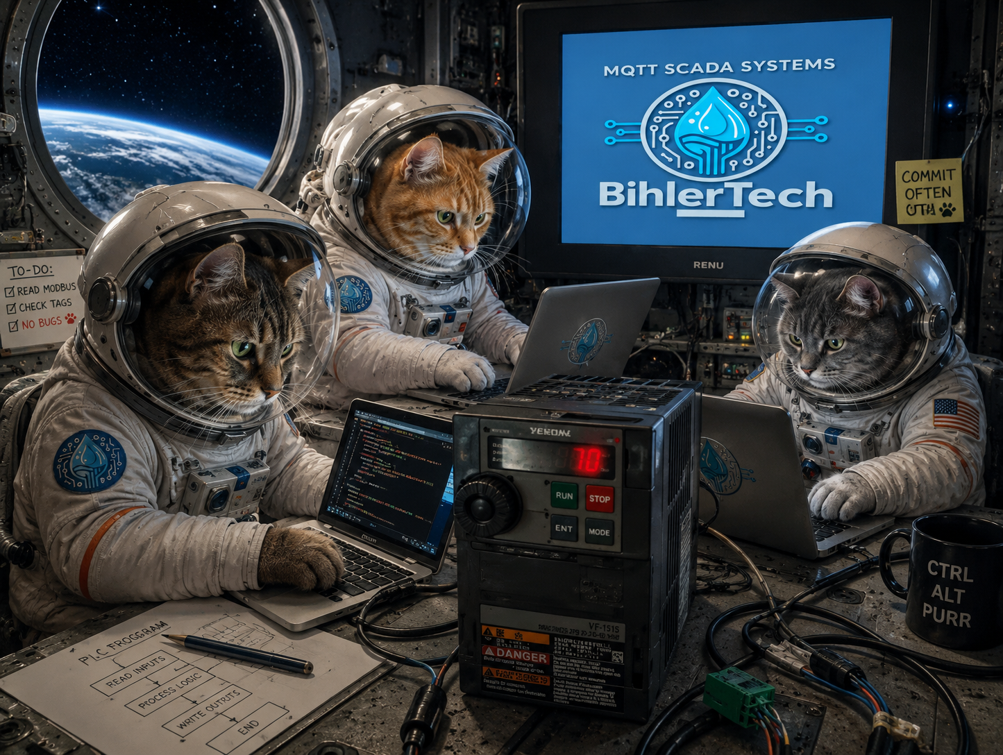 Three cats in astronaut suits working on laptops and industrial control equipment aboard a spacecraft, with a BihlerTech MQTT SCADA Systems screen in the background.